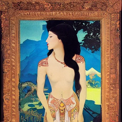 Prompt: a naturalist beautiful beautiful gorgeous vintage painting of a portrait of a queen with dark curly hair and fair pale skin on a throne by nicholas roerich by gustave moreau, by eyvind earle by bruce pennington