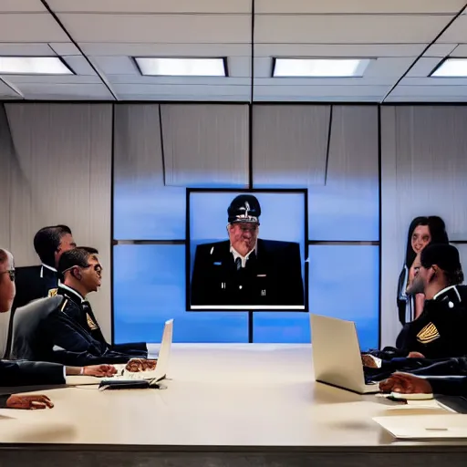 Image similar to a meeting between several futuristic military leaders in a futuristic board room