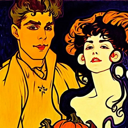 Image similar to painting of handsome young beautiful jeff and gorgeous rina together at the jack o'lantern halloween party, elegant, clear, painting, stylized, art, art by alphonse mucha, vincent van gogh, egon schiele,