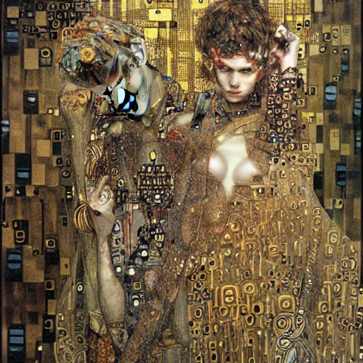 Image similar to depraved cybernetic deities trapped in circuitry, intricate detail, klimt, royo, whealan,