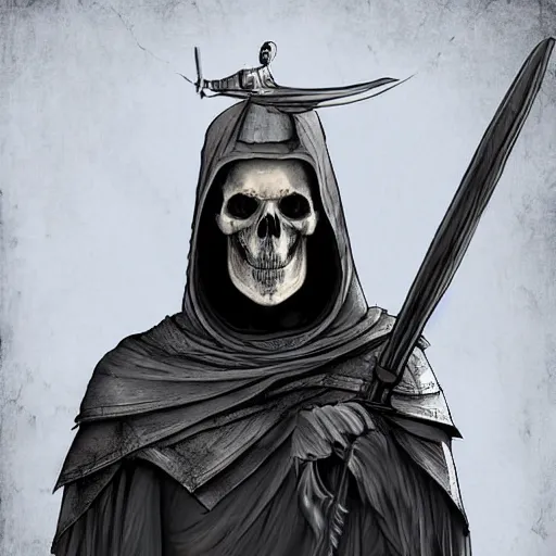 Prompt: a man with a skull head in a grey cloak holding his black spear up to the sky, Digital art