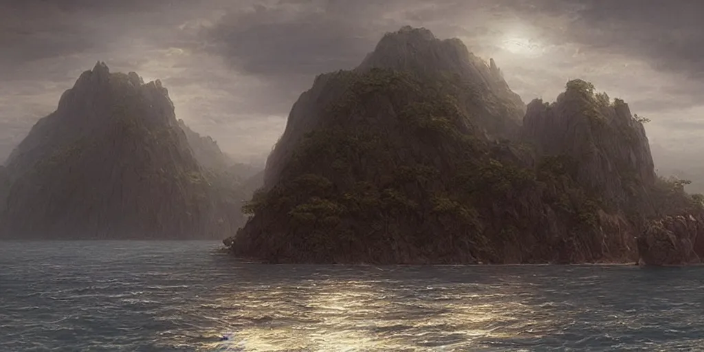 Image similar to epic matte painting of an island, cinematic cinematography masterpiece, greg rutkowski, and ivan aivazovski, roger deakins