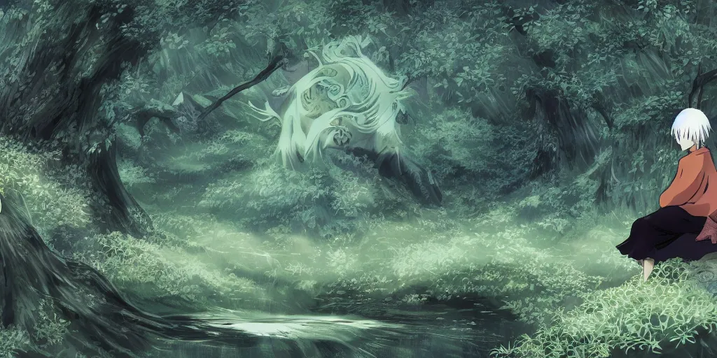 Image similar to ginko showing a new mushi, mushishi by studio ghibli wallpaper splash art promo art