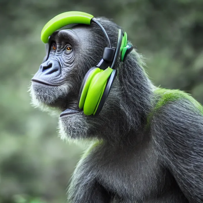 Image similar to a high quality photo of a green chimp wearing headphones, realism, 8k