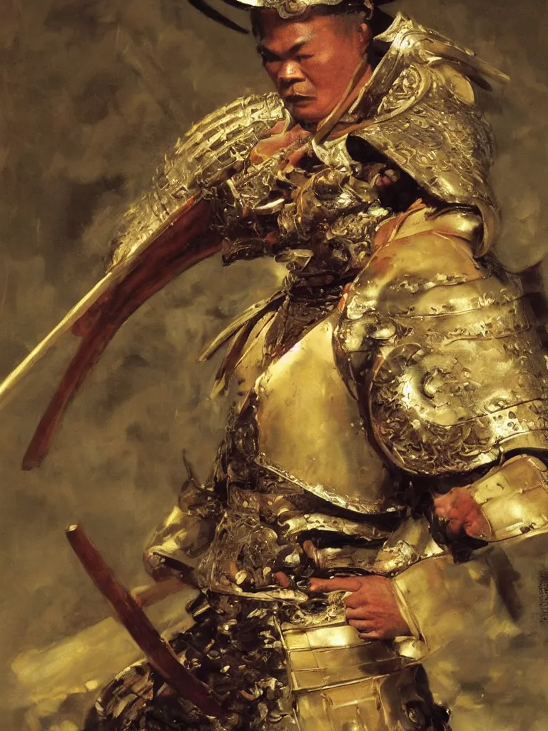 Prompt: close up of a seasoned samurai in full armor, cinematographic shot, by vladimir volegov and alexander averin and delphin enjolras and daniel f. gerhartz