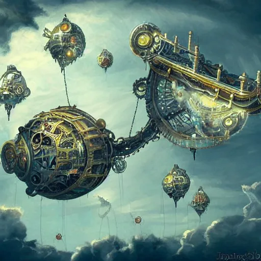 Prompt: flying city in a mechanical flower, sky!, fantasy art, steampunk, masterpiece