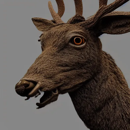 Image similar to hyperealistic sculpture of a deer with rusty pipes extruding from its body, body horror, mechanical bodies, scary, disturbing, eerie 8K, full hd, 3D render, SCP Foundation, found footage, living creature