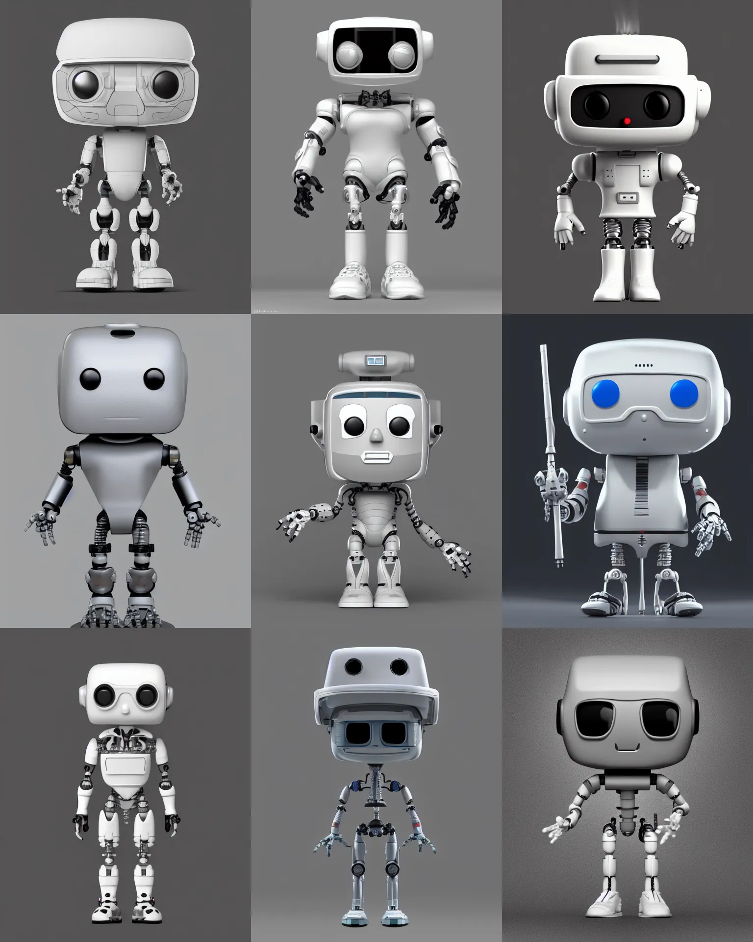 Prompt: full body 3 d render of scientist robot as a funko pop!, studio lighting, grey background, single body, no shadow, blender, trending on artstation, 8 k, highly detailed