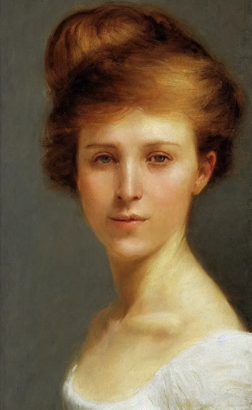 Image similar to portrait by eugen von blaas!!! of a woman!! with brown!! hair!! bun hair! slight smile! dreamy, lovely, bubbly