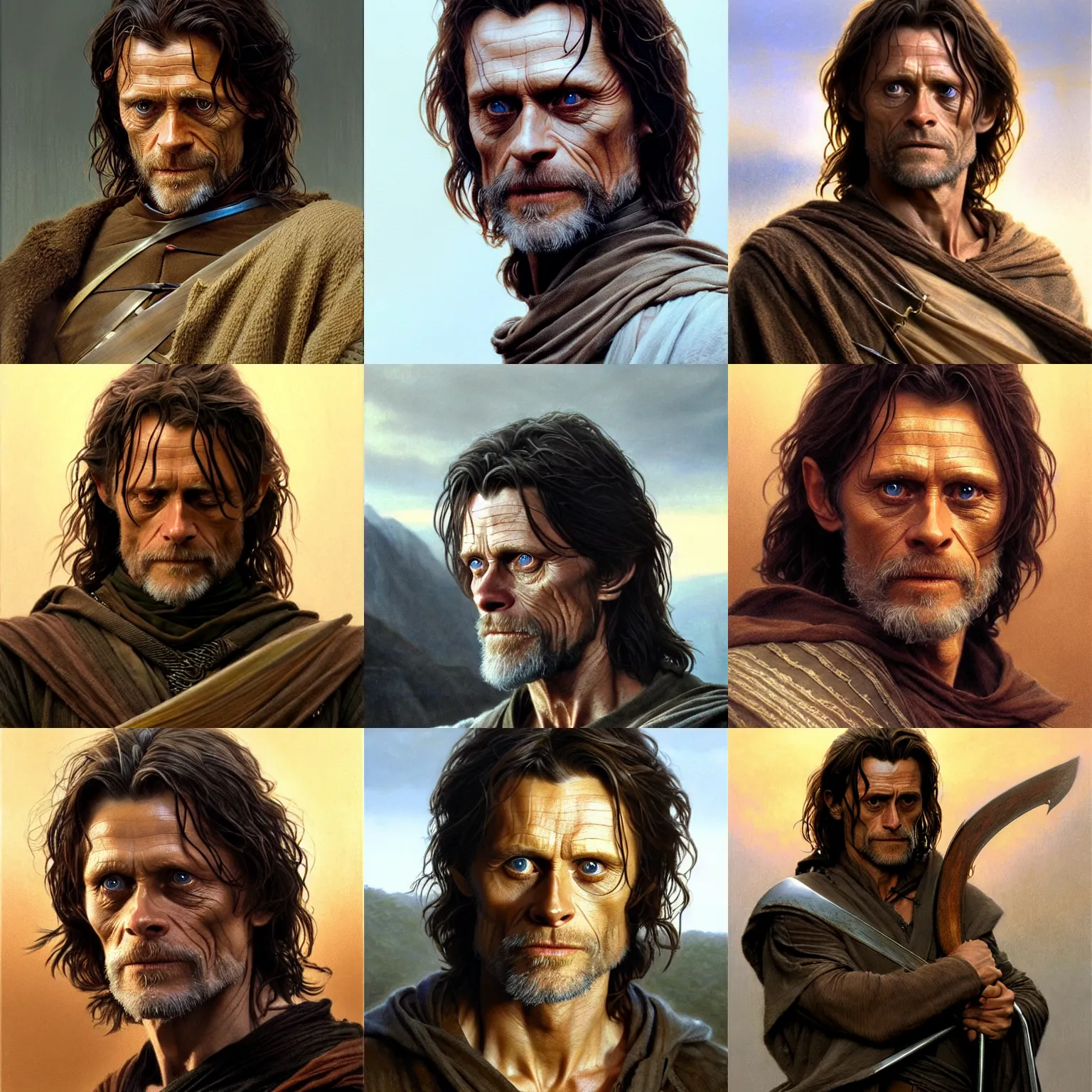 Prompt: Willem Dafoe as Aragorn by Alan Lee, golden hour, concept art, detailed clothing, art station, oil painting, art by artgerm and greg rutkowski and alphonse mucha