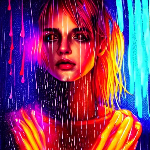 Image similar to bright asthetic portrait LSD glowing backlit rain on face and wet hair in strands, overhead lighting, fantasy, intricate, elegant, dramatic lighting, highly detailed, lifelike, photorealistic, digital painting, artstation, illustration, concept art, smooth, sharp focus, art by John Collier and Albert Aublet and Krenz Cushart and Artem Demura and Alphonse Mucha