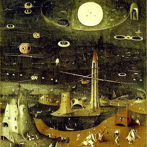 Image similar to a ufo fleet over a european town at night abducting people in their pajamas painting by hieronymus bosch