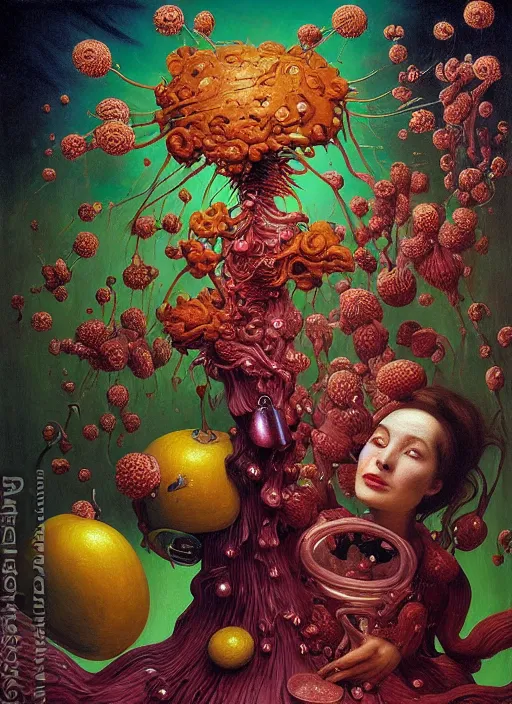 Image similar to hyper detailed Oil painting - Ada Lovelace Eats of the Strangling Fruit and her gossamer polyp blossoms bring iridescent fungal flowers whose spores black the foolish stars by Jacek Yerka, Mariusz Lewandowski, Abstract brush strokes, Masterpiece, Edward Hopper and James Gilleard, Zdzislaw Beksinski, Mark Ryden, Wolfgang Lettl, hints of Yayoi Kasuma