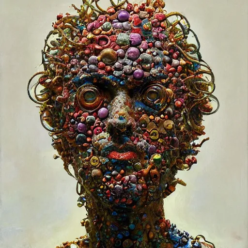 Image similar to a sculpture portrait made of bacteria and virus and molecules and atoms, painting part by wojciech siudmak, part by ilya repin, part by max ernst, part by norman rockwell, artstation