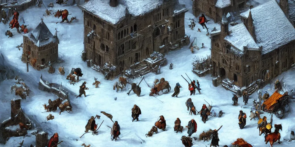 Prompt: RTS gameplay third person in style of Brueghel paintings, painting, Stronghold strategy gameplay, high detailed,dark fantasy, dark tones, medieval, snow, buildings, castle, armored units, cavalry,RPG, high detailed, contrast, octane render,mill, farm, creative