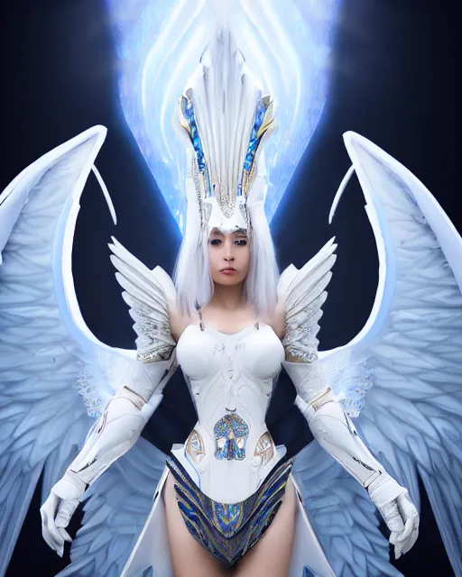 Prompt: perfect ornate white haired attractive egyptian goddess with huge white dove wings, warframe armor, beautiful, symmetric, dreamy, half asian, pretty face, blue eyes, detailed, scifi platform, laboratory, experiment, 4 k, ultra realistic, epic lighting, android body, illuminated, cinematic, masterpiece, art by akihito tsukushi, voidstar