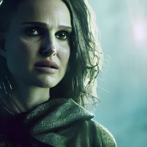 Image similar to natalie portman as plague dr, splash art, movie still, cinematic lighting, ray tracing, detailed face, octane render, long lens, shallow depth of field, bokeh, anamorphic lens flare, 8 k, hyper detailed, 3 5 mm film grain