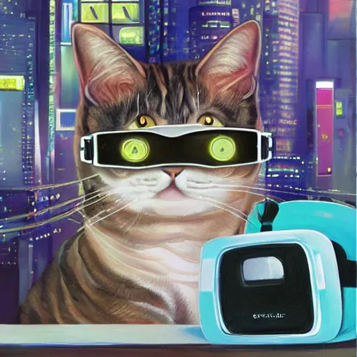 Prompt: a painting of a cat wearing oculus rift with a city in the background, cyberpunk art by hikari shimoda, trending on artstation, panfuturism, dystopian art, circuitry, sci - fi