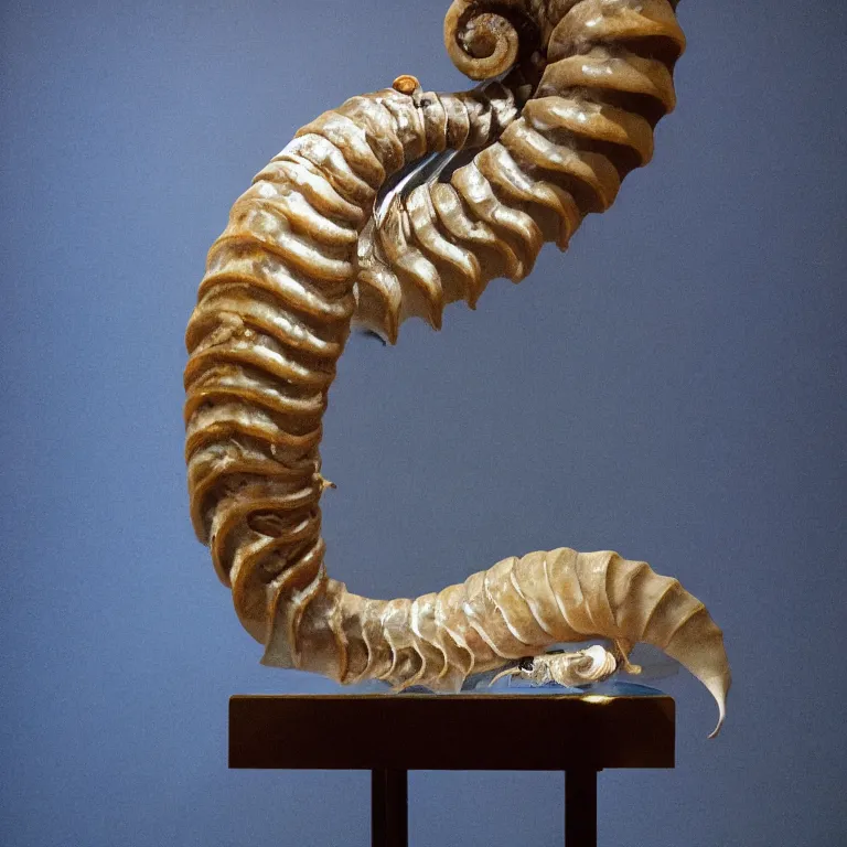 Image similar to hyperrealistic sculpture of a bronze fossilized nautilus ammonite dusted with blue spraypaint in a grid cage on a pedestal by ron mueck and duane hanson and lee bontecou, hyperrealistic dramatic colored lighting trending on artstation 8 k