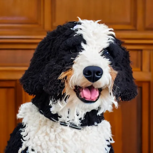 Image similar to a closeup photorealistic photograph of a cute smiling knitted bernedoodle judge dog dressed in a black gown, presiding over the courthouse. indoor image, professional capture, well lit shot. this 4 k hd image is trending on artstation, featured on behance, well - rendered, extra crisp, features intricate detail, epic composition and the style of unreal engine.