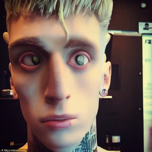 Image similar to “a realistic detailed photo of a guy who is an attractive humanoid who is half robot and half humanoid, who is a male android, rapper Machine Gun Kelly, shiny skin, posing like a statue, blank stare”