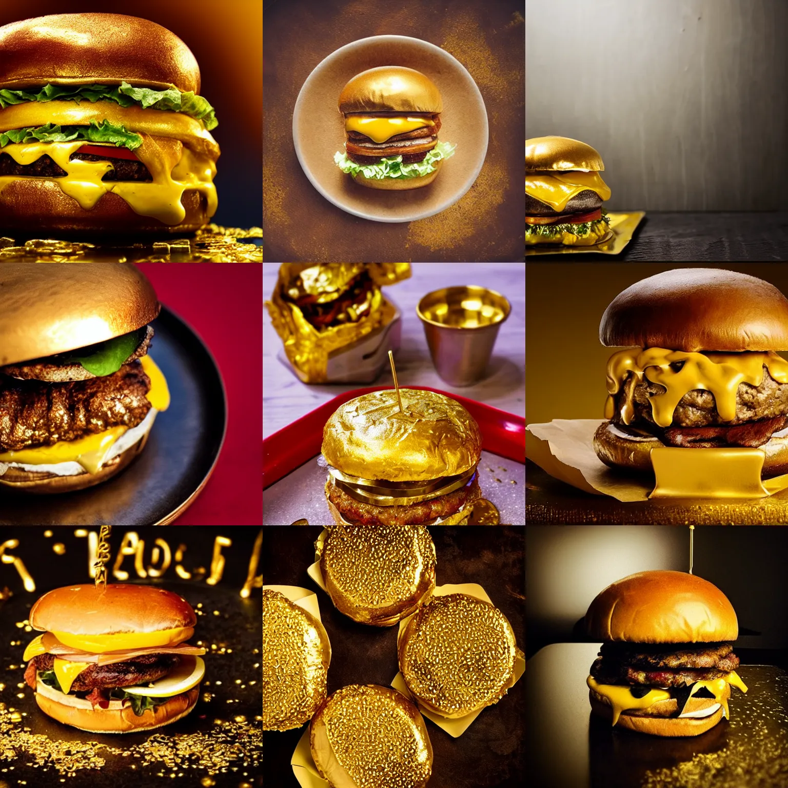 Prompt: golden burger made of gold, atmospheric, golden, shiny, beautiful, food photography