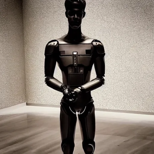 Image similar to “a realistic detailed photo of a guy who is an attractive humanoid who is half robot and half humanoid, who is a male android, actor Grant Gustin, shiny skin, posing like a statue, blank stare, at the museum, on display”