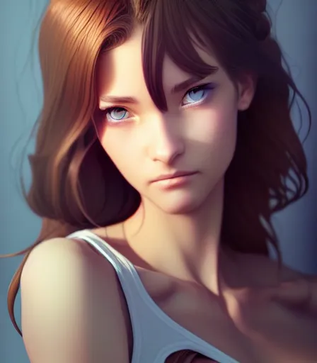 Image similar to drawing of a woman with blue eyes, brown hair and a perfect body, wearing clothes, character design by charlie bowater, ross tran, artgerm, and makoto shinkai, detailed, soft lighting, rendered in octane