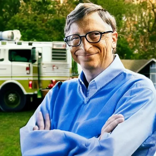 Prompt: a photo of a house burning down in the background with emergency vehicles nearby and bill gates with an eerie smile in the foreground, strong depth of field