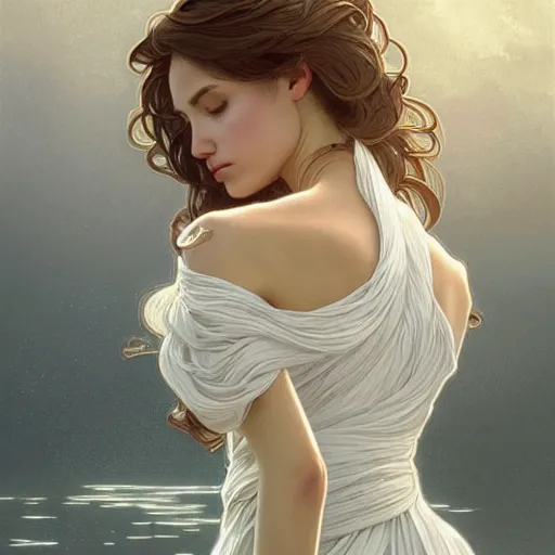 Image similar to long shot, woman posing, short wavy hair, round face, intricate white dress, cottagecore!!, inside water, intricate, enlightened, highly detailed, digital painting, artstation, concept art, smooth, sharp focus, illustration, art by artgerm and greg rutkowski and alphonse mucha