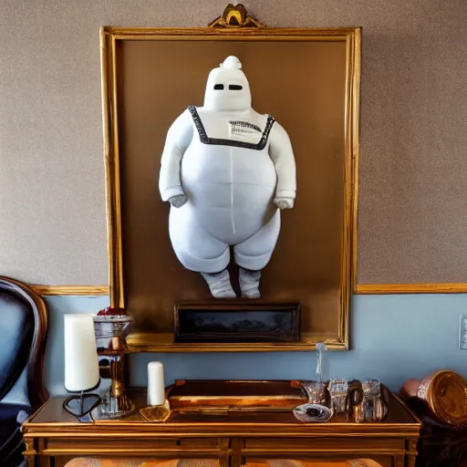 Image similar to cinematic photo of a taxidermied michelin man mounted on the wall in a fancy old fashioned smoking room