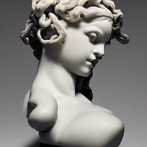 Prompt: Rihanna as a beautiful marble bust of medusa, with ribbons in the style of Escher, by Michelangelo