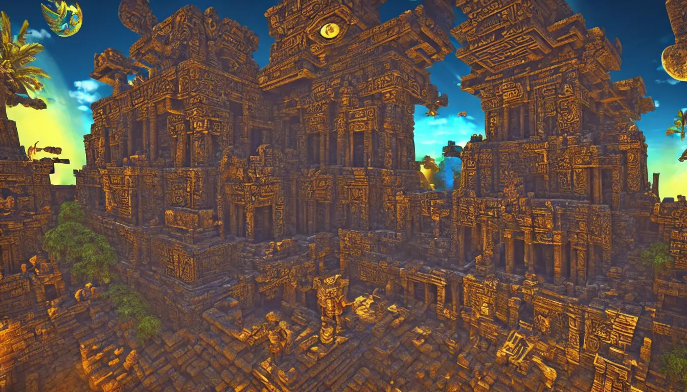 Image similar to majestic expansive ancient mayan temple halls , side-scrolling 2d platformer game level, glittering dust in the air illuminated by the dusk sun through the ceiling cracks, fantasy totem ruins with intricate mayan glyphs, volumetric light , detailed carved ornaments, rich color, upscale , 8k