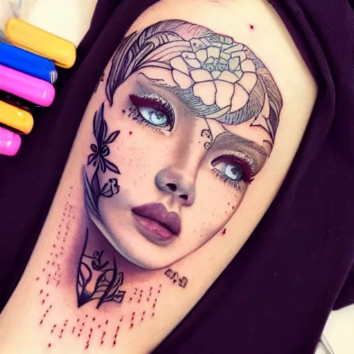 Image similar to tattoo design, beautiful portrait of a girl looking up and to the right by artgerm, artgerm