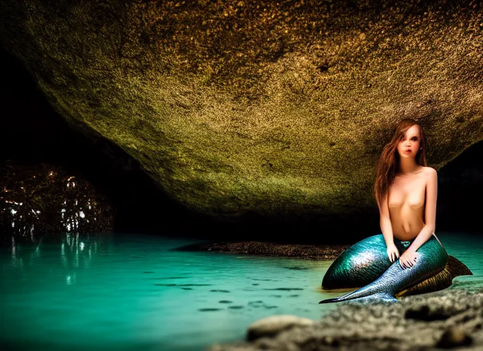 Image similar to mermaid sitting on a rock in an underground river. fantasy magic style. highly detailed 8 k. intricate. lifelike. soft light. sony a 7 r iv 5 5 mm. cinematic post - processing