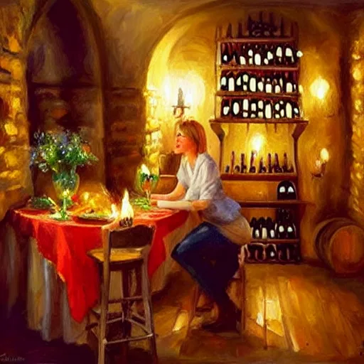 Image similar to wine cellar full of food, torches on the wall, schnapps, romantic, inviting, cozy, blonde woman, painting Vladimir Volegov