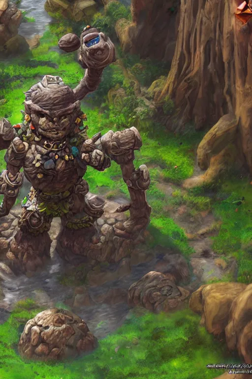 Image similar to zelda fantasy art giant golem troll wood rock greeble gemstone, global illumination ray tracing hdr fanart arstation by sung choi and eric pfeiffer and gabriel garza and casper konefal