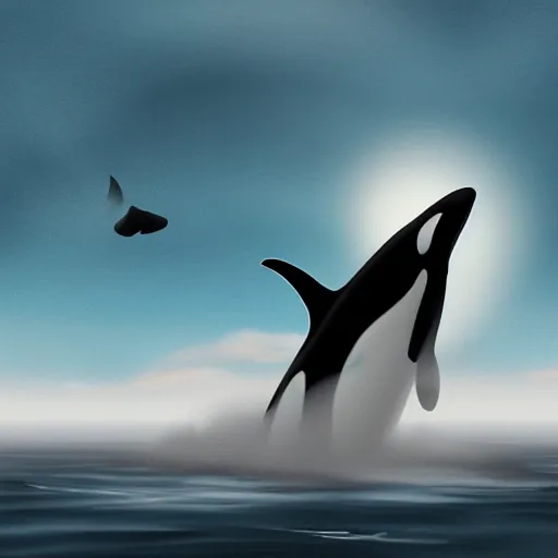 Image similar to “An orca jumping out of a sea of clouds” as digital art