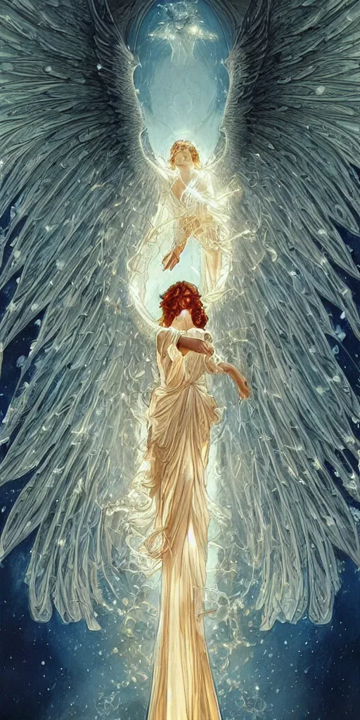 Prompt: phoenix angel in white gauze dresses of fireflies and flameches, symmetrical facial features, fire stainglass and moonlight background, intricate, elegant, highly detailed, digital painting, artstation, concept art, matte, sharp focus, illustration, intricate art nouveau frame, art by Artgerm and Greg Rutkowski and Alphonse Mucha