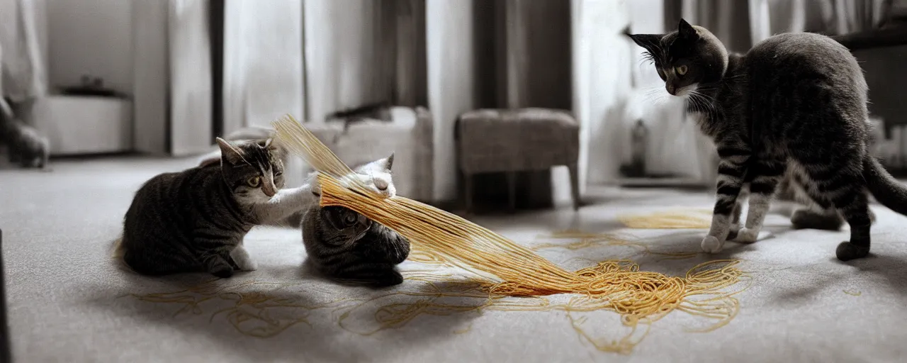 Image similar to 1 single cat playing with spaghetti in an apartment, small details, intricate, sharply focused, canon 5 0 mm, wes anderson film, kodachrome