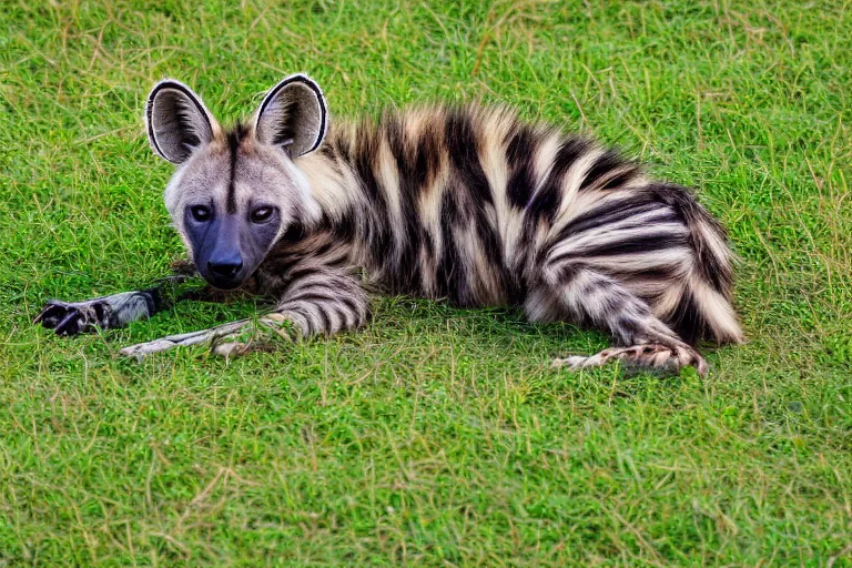 Image similar to striped hyena laying in between the green in savannah, sunset, zoomed out, birds - eye - view