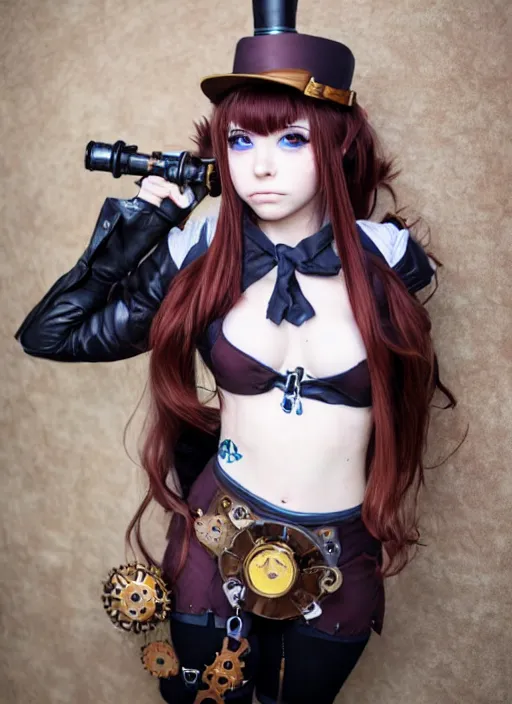 Prompt: photo of a girl cosplaying a steampunk anime girl