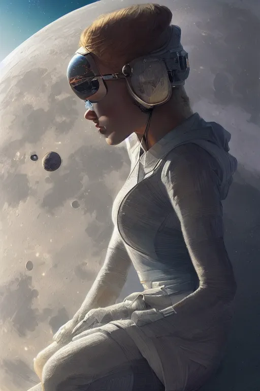 Prompt: sitting on the moon with a view of the earth in the background, elegant, digital painting, highly detailed, artstation, concept art, smooth, sharp focus, illustration, art by artgerm and greg rutkowski.