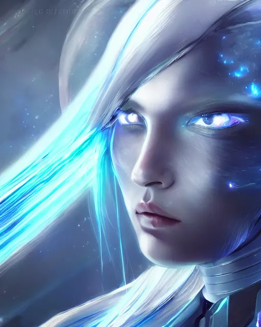 Image similar to perfect android girl on a mothership, warframe armor, beautiful face, scifi, futuristic, galaxy, raytracing, dreamy, digital painting, long white hair, blue cyborg eyes, atmosphere, sharp focus, nebula, highly detailed, artstation, intricate, innocent, art by gauthier leblanc, kazuya takahashi, huifeng huang