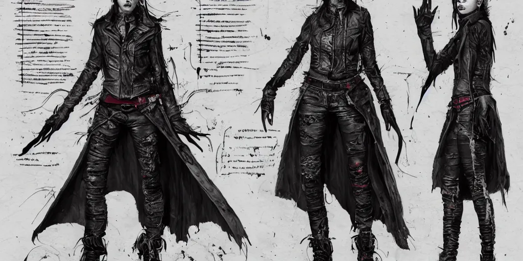 Image similar to samara weaving as a wanderer with tattooed neck, wearing a scratched leather and ripped leather jeans, wearing a short black jacket with a colorful stamp on its back, character sheet, fine details, props, concept design, contrast, kim jung gi, greg rutkowski, trending on artstation, 8 k, full body, turnaround, front, back, ultra wide angle