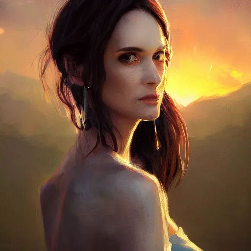 Image similar to a closeup portrait of a winona ryder, dramatic light, lake background, sunset, dark, sharp, painted by stanley lau, painted by greg rutkowski, painted by stanley artgerm, digital art, trending on artstation