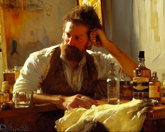 Prompt: an exhausted painter in his studio with a bottle of whisky. highly detailed painting by gaston bussiere, craig mullins, j. c. leyendecker 8 k