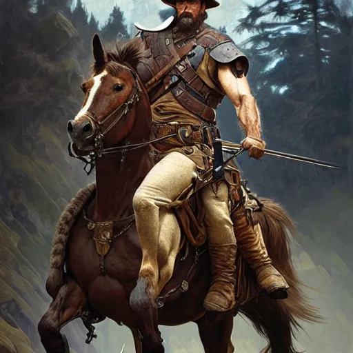 Image similar to portrait of a rugged ranger on horseback, muscular, upper body, hairy torso, D&D, fantasy, intricate, elegant, highly detailed, digital painting, artstation, concept art, smooth, sharp focus, illustration, art by artgerm and Greg Rutkowski and Alphonse Mucha