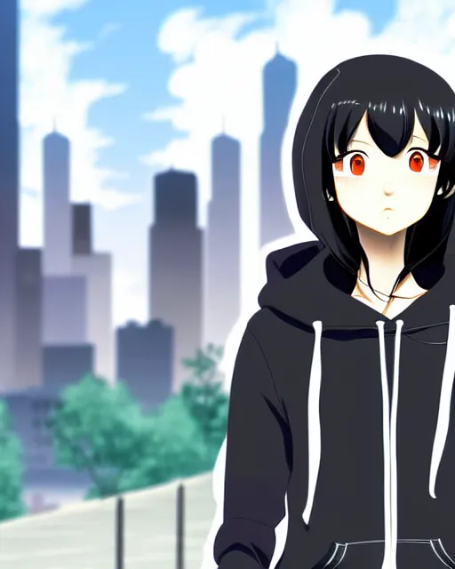 Image similar to black haired girl wearing hoodie, detailed city background, anime by shinkai makoto