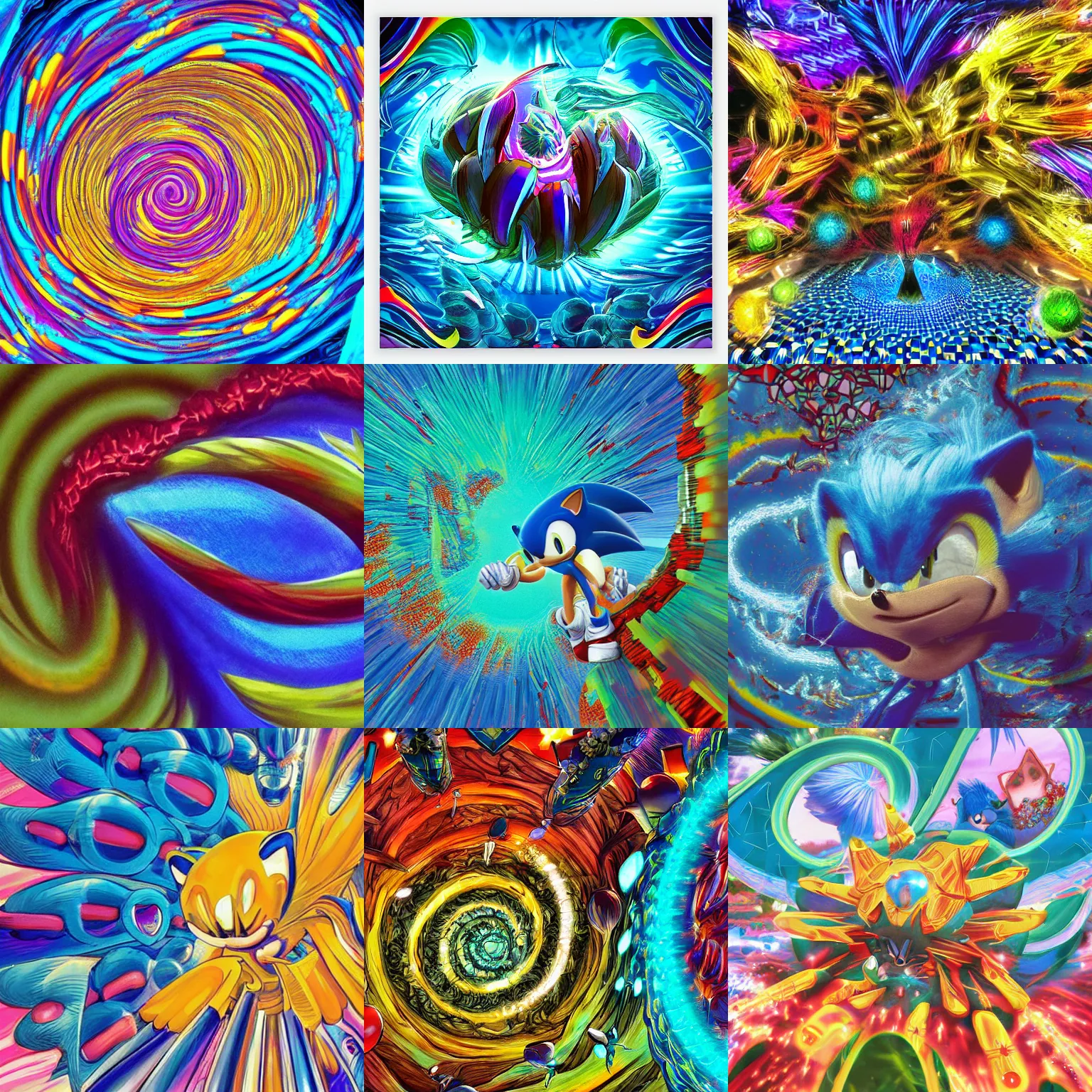 Prompt: close up sonic the hedgehog in a surreal, soft, neon, spiraling fractals, professional, high quality airbrush art mgmt shpongle album cover of a chrome dissolving LSD DMT blue sonic the hedgehog surfing through vaporwave caves, checkerboard horizon , 1990s 1992 Sega Genesis video game album cover